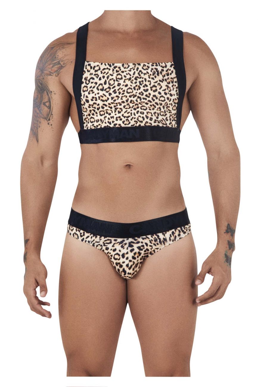 CandyMan 99524 Printed Top and Thong Set Black Cheeta