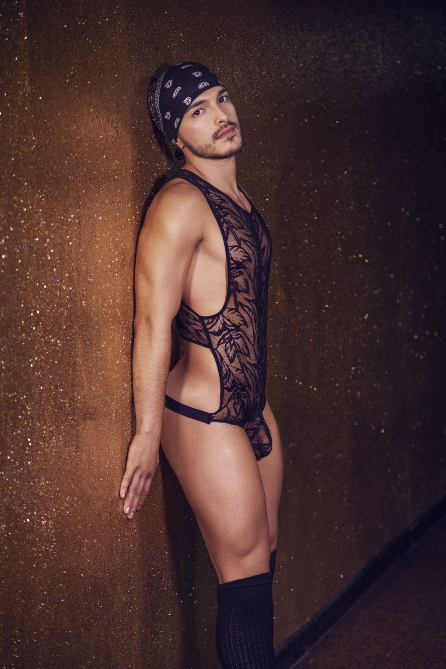 CandyMan 99531 Lace Bodysuit Exposed Butt Black