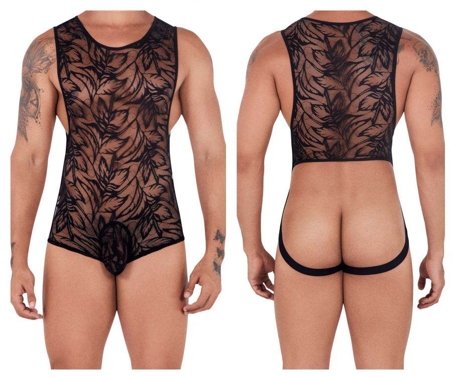 CandyMan 99531 Lace Bodysuit Exposed Butt Black