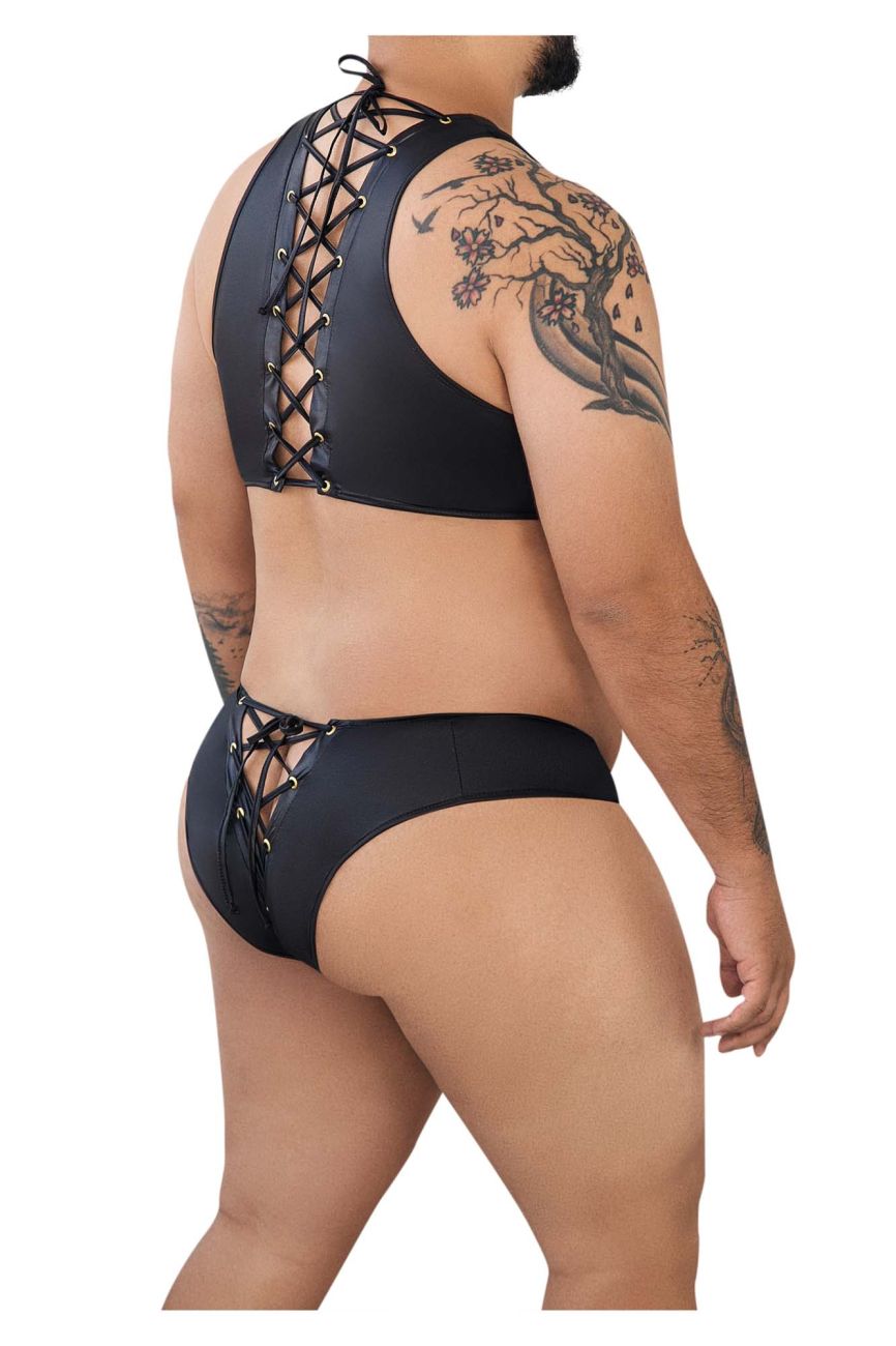 CandyMan 99628X Criss-Cross Top and Brief Set Black Plus Sizes