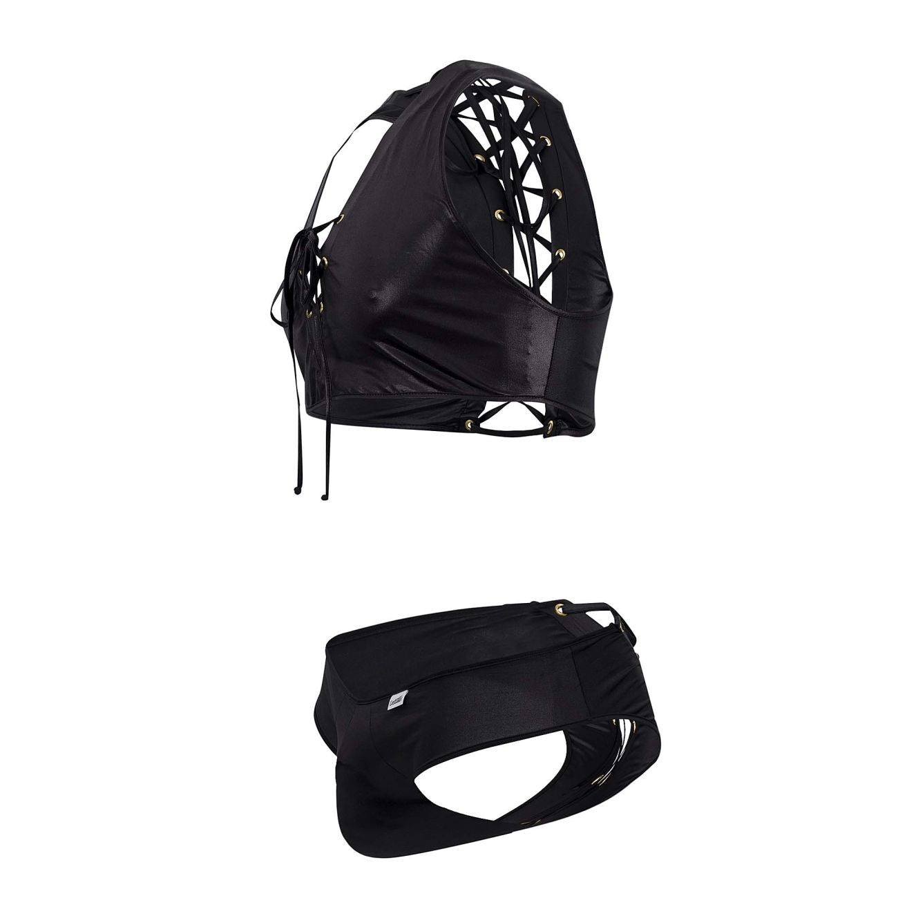 CandyMan 99628X Criss-Cross Top and Brief Set Black Plus Sizes