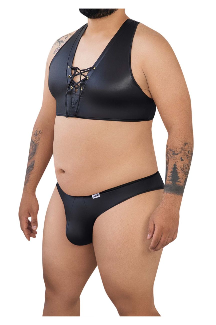 CandyMan 99628X Criss-Cross Top and Brief Set Black Plus Sizes