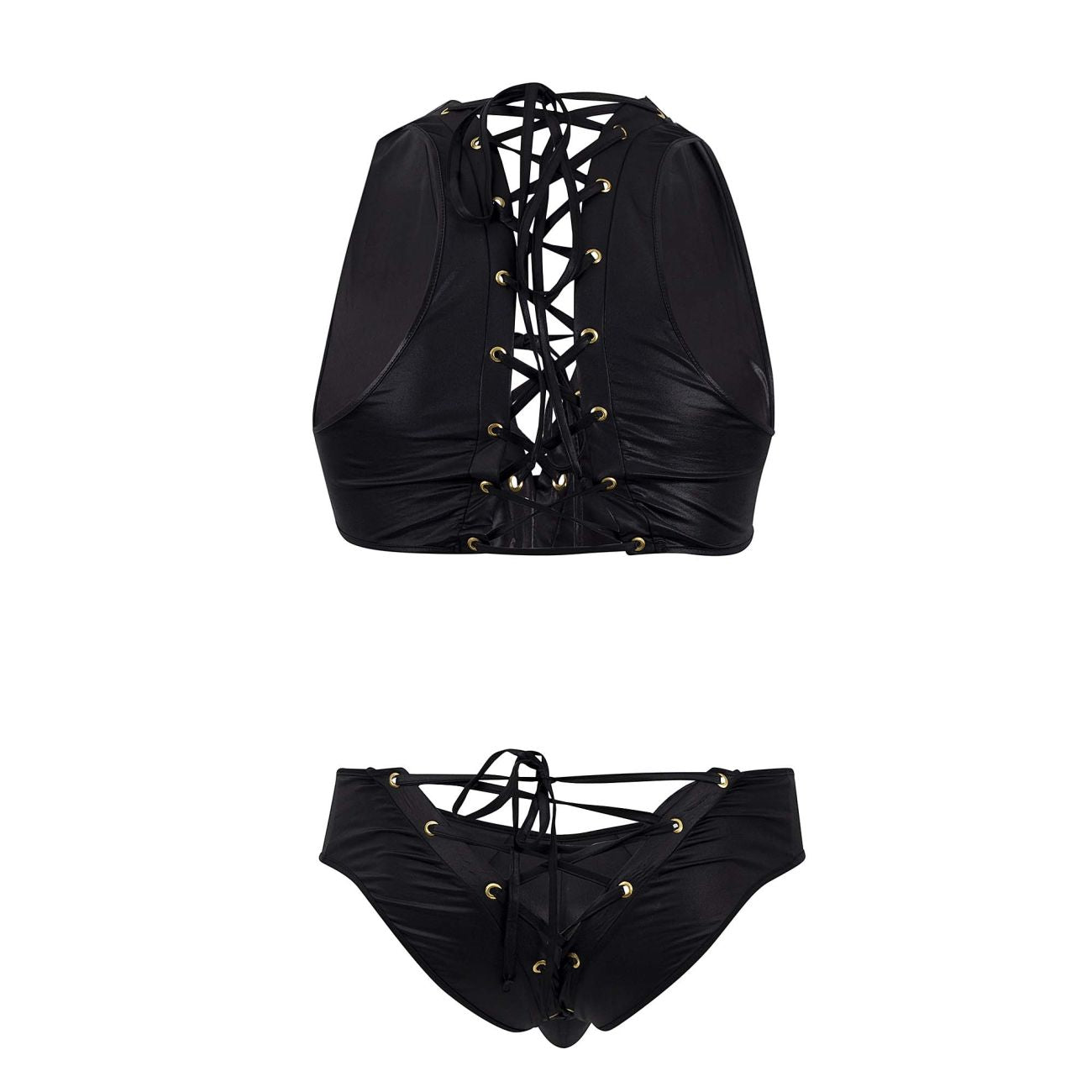 CandyMan 99628X Criss-Cross Top and Brief Set Black Plus Sizes