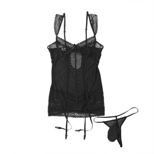 Mens Sissy Crossdress Corset Cami Top with Garters Black