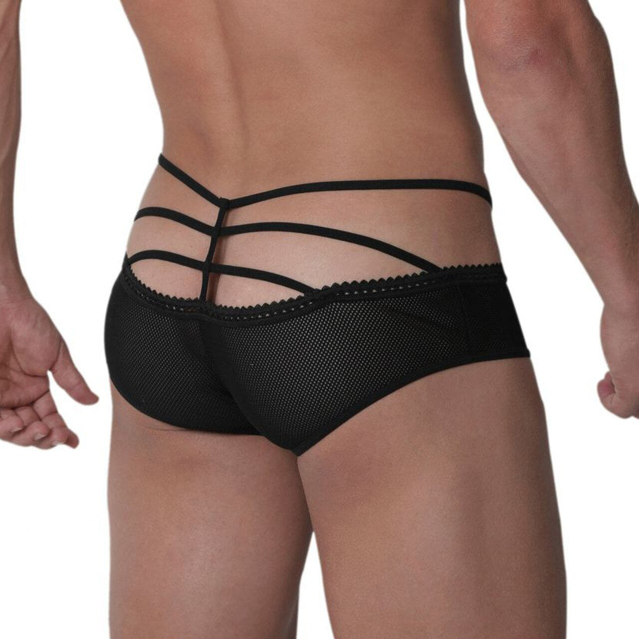 Mens Hidden Seduction Mesh Bikini Brief with Back Straps Black
