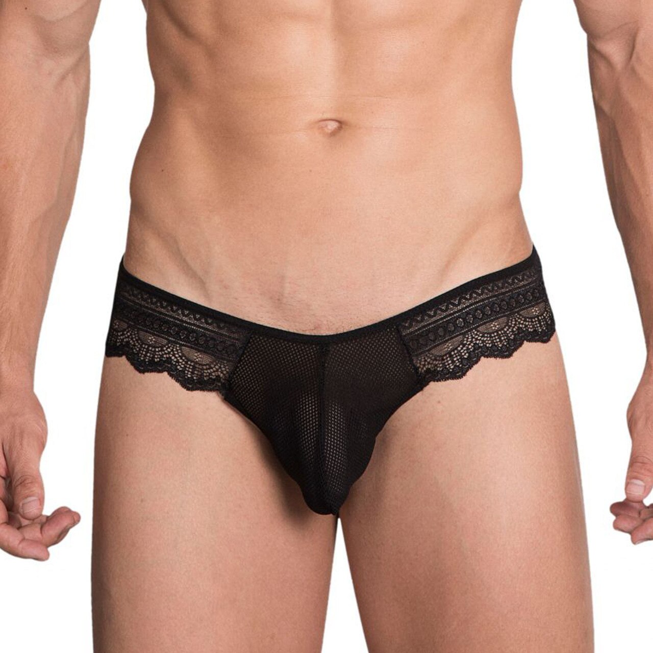 Mens Hidden Seduction Fishnet and Lace String Back Thong Black