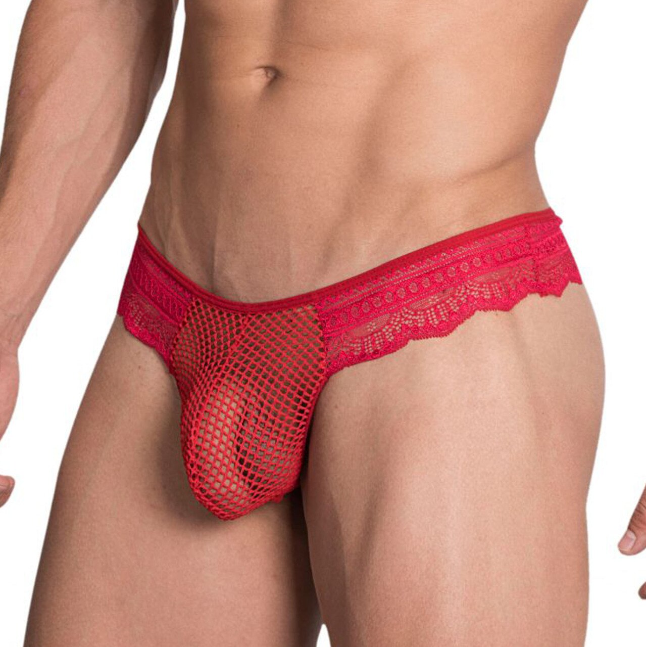 Mens Hidden Seduction Fishnet and Lace String Back Thong Red
