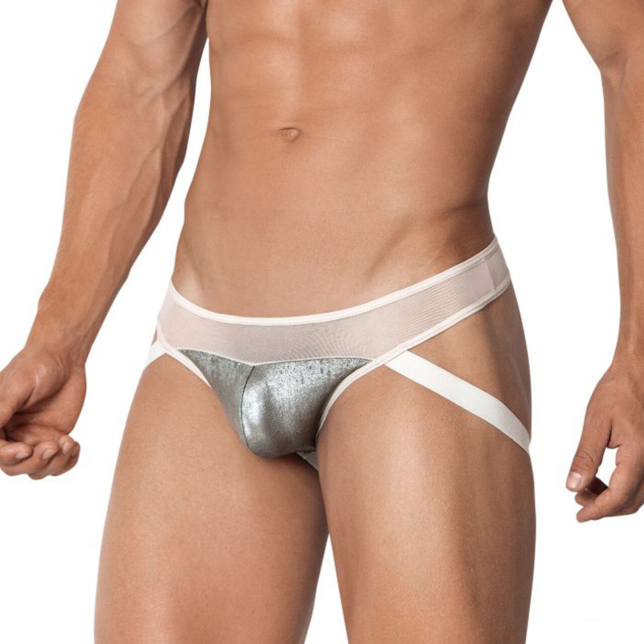 SALE - Mens PPU Underwear Mesh and Spandex Jock Strap Beige