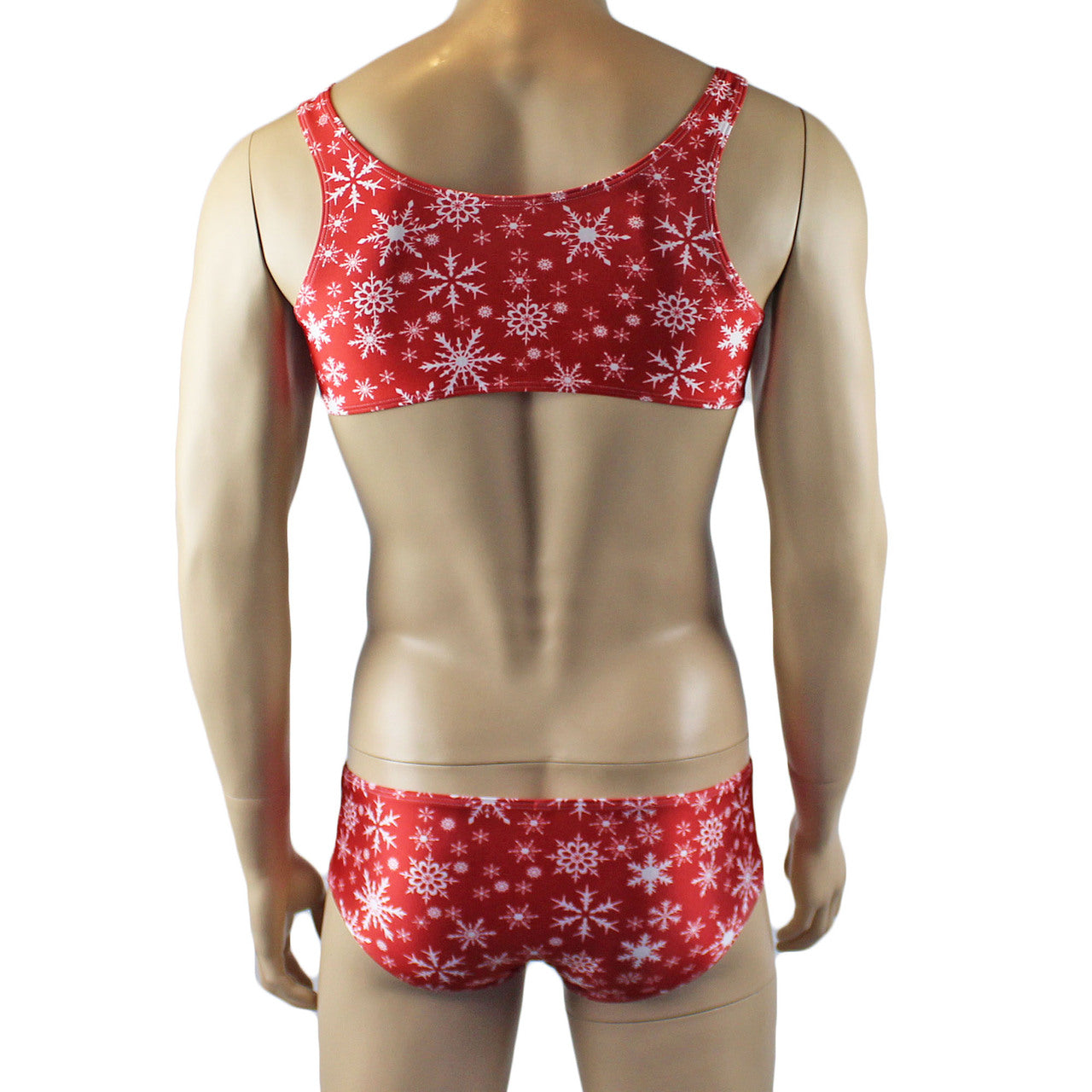Mens Lingerie Snowflake Bra Top & Low Rise Boxer Brief Red and White