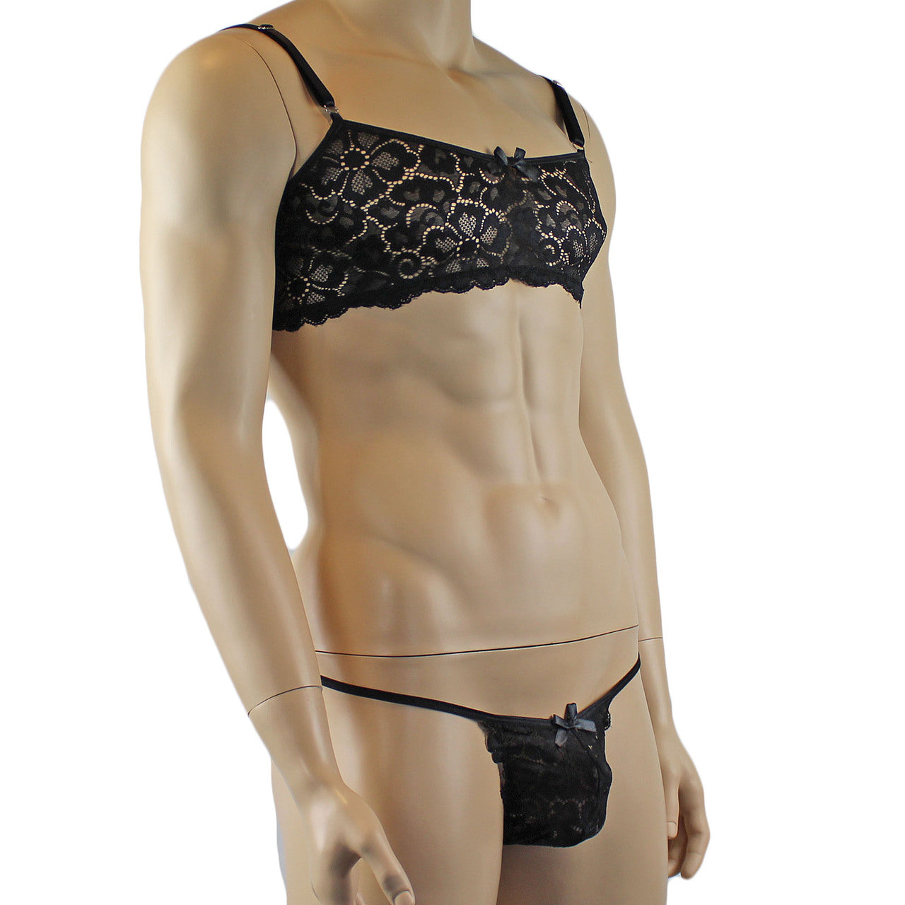 Mens Scalloped Shiny Lace Bra Top and Panty (black plus other colours)