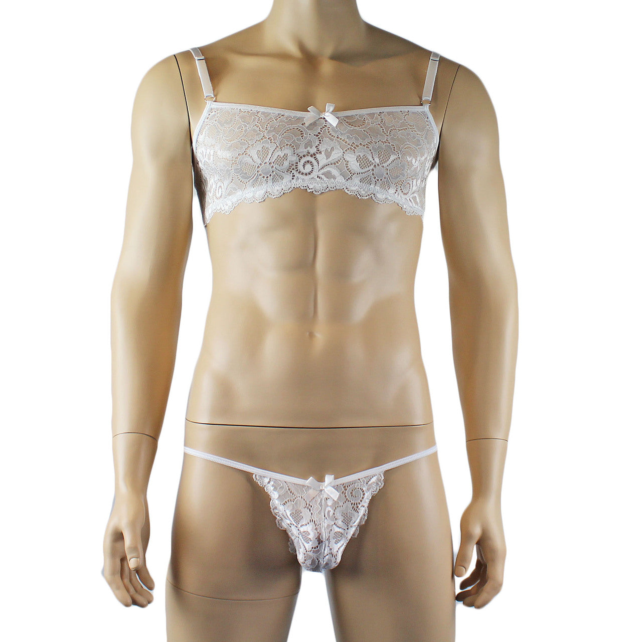 Mens Scalloped Shiny Lace Bra Top and Panty (white plus other colours)
