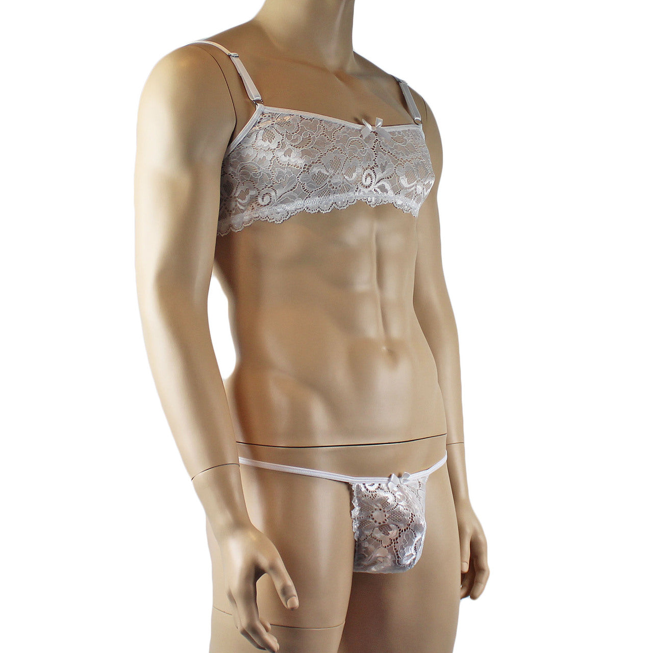 Mens Scalloped Shiny Lace Bra Top and G string (white plus other colours)