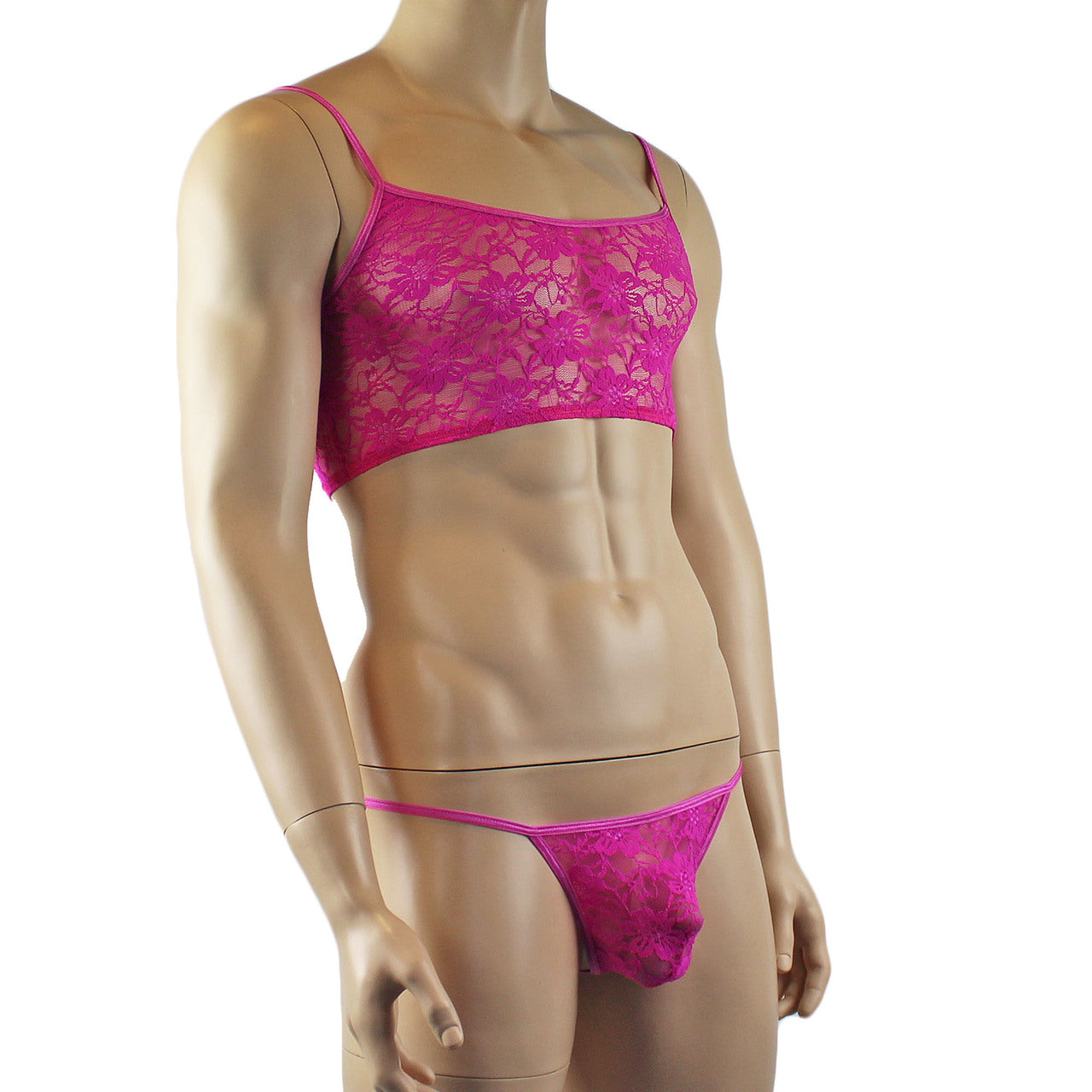 Mens Lace Crop Bra Top Camisole and G string Male Lingerie (neon pink plus other colours)