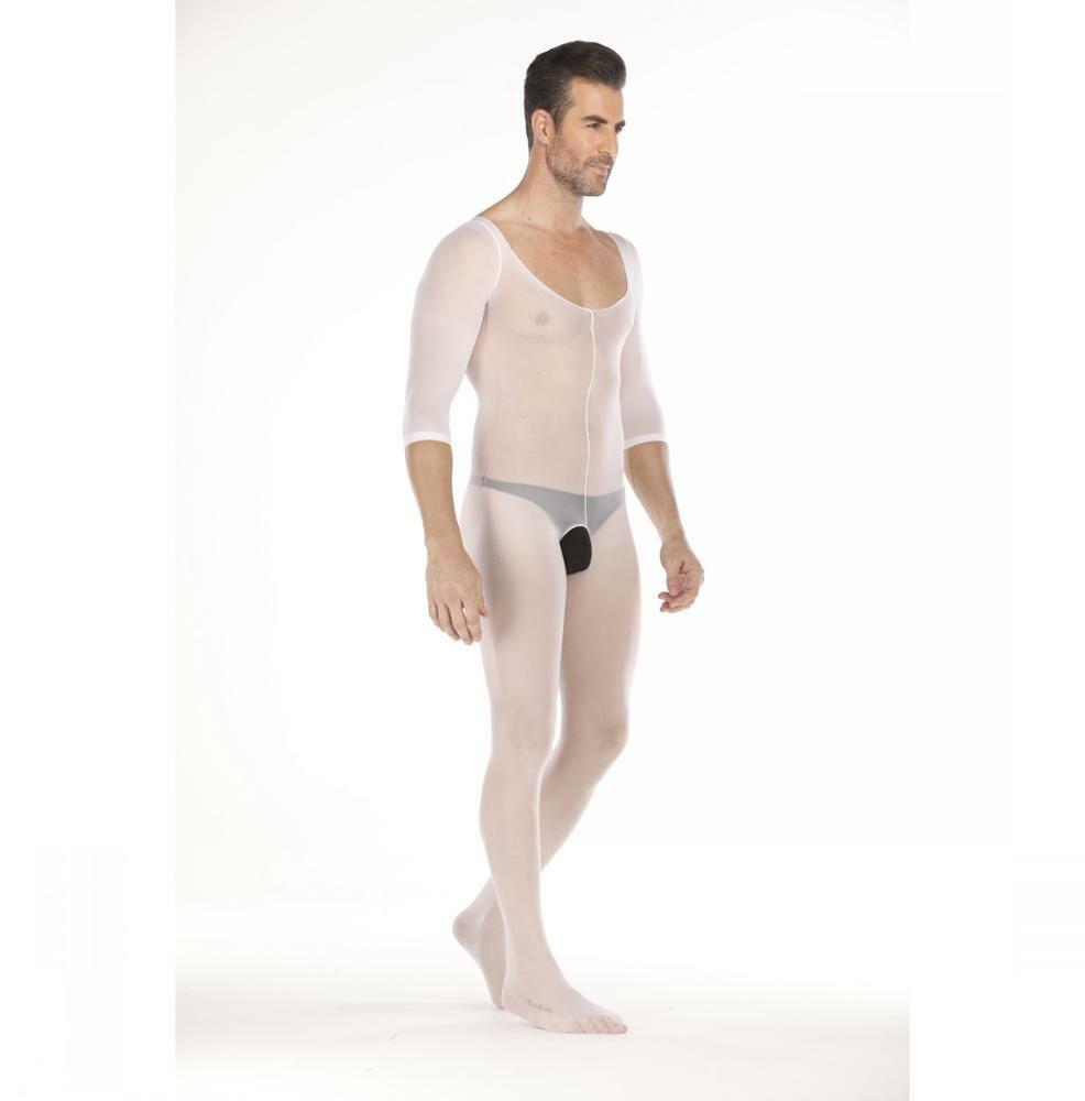 Mens Bodystocking Male Catsuit Mesh Open Crotch White