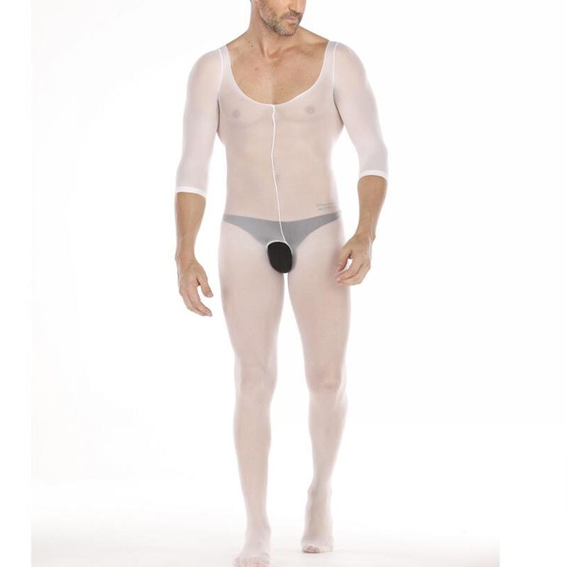 Mens Bodystocking Male Catsuit Mesh Open Crotch White