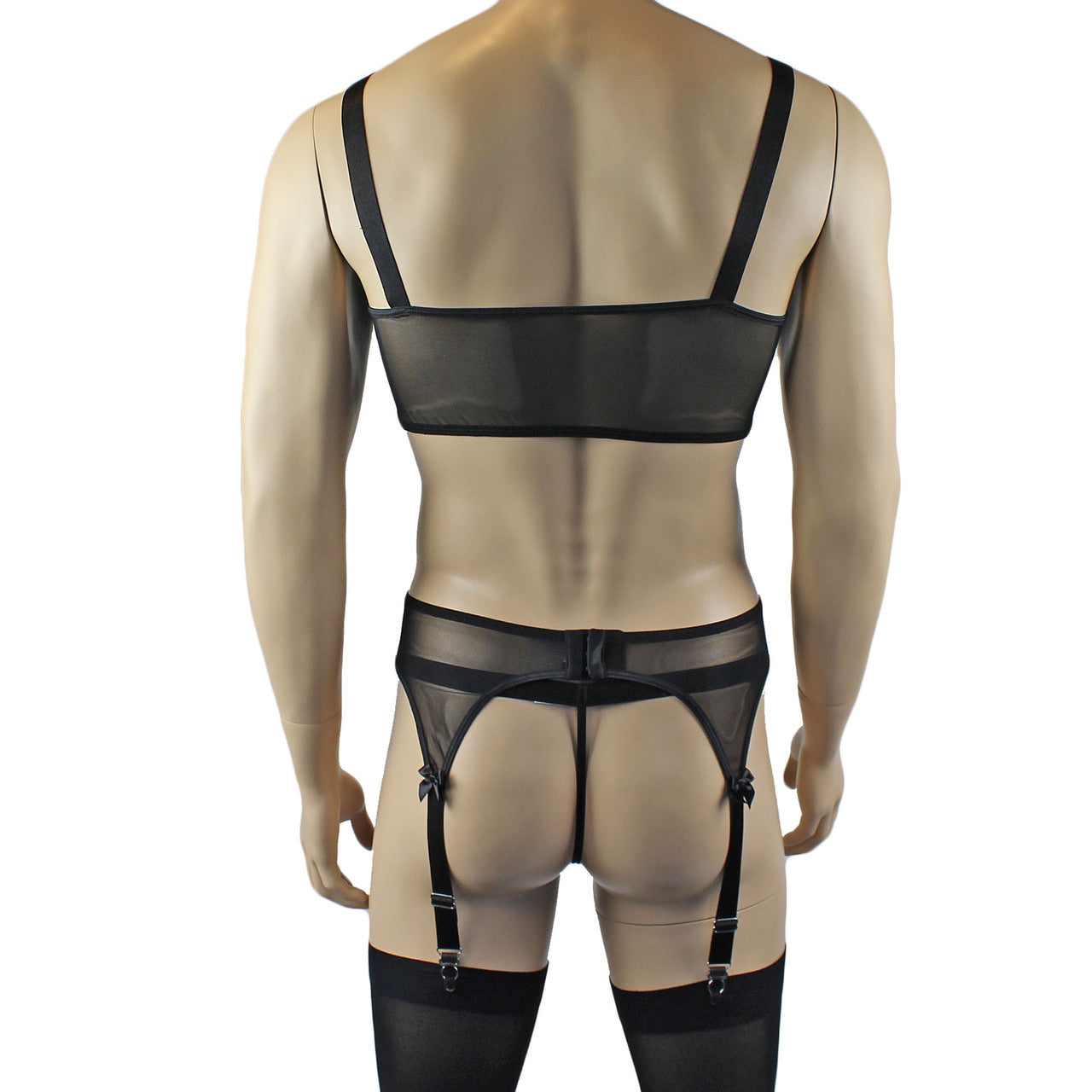Mens Exotic Sheer Mesh Crop Bra Top Camisole, G string & Garterbelt - Sizes up to 3XL (black plus other colours)