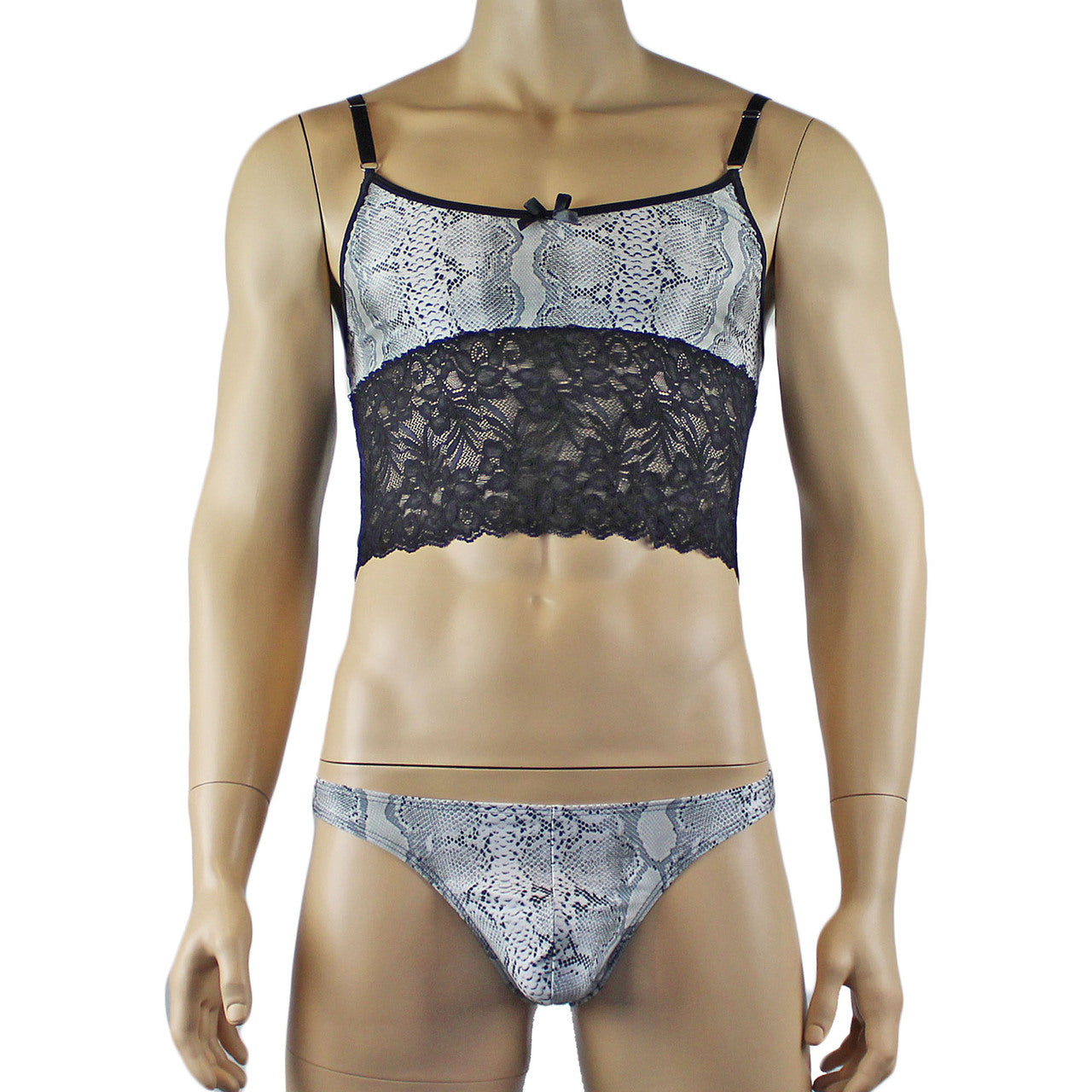 Mens Bra Top Camisole and Thong in Grey Snake Print & Black Lace