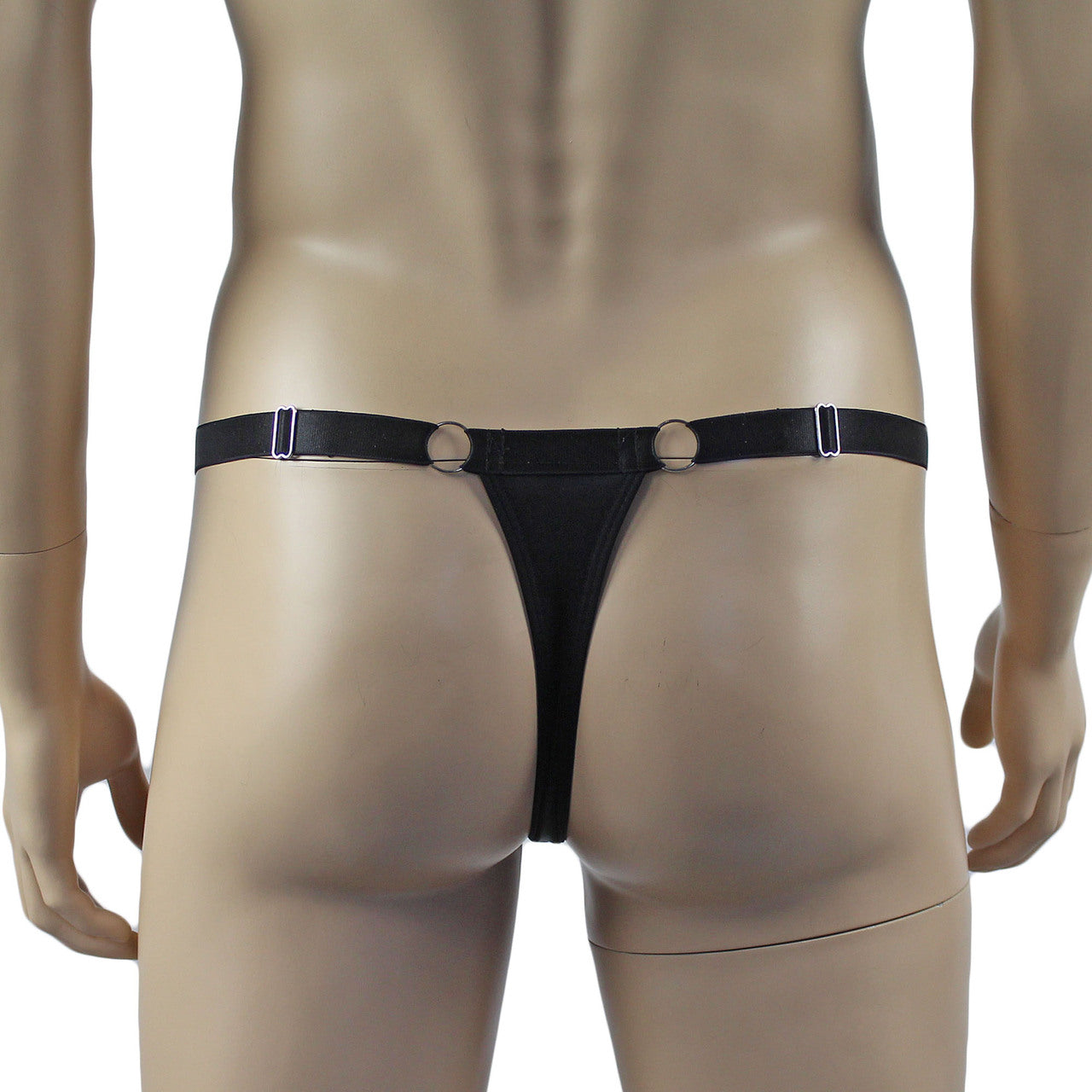 Male Spandex Thong with Ring Sides and Adjustable Strap Black