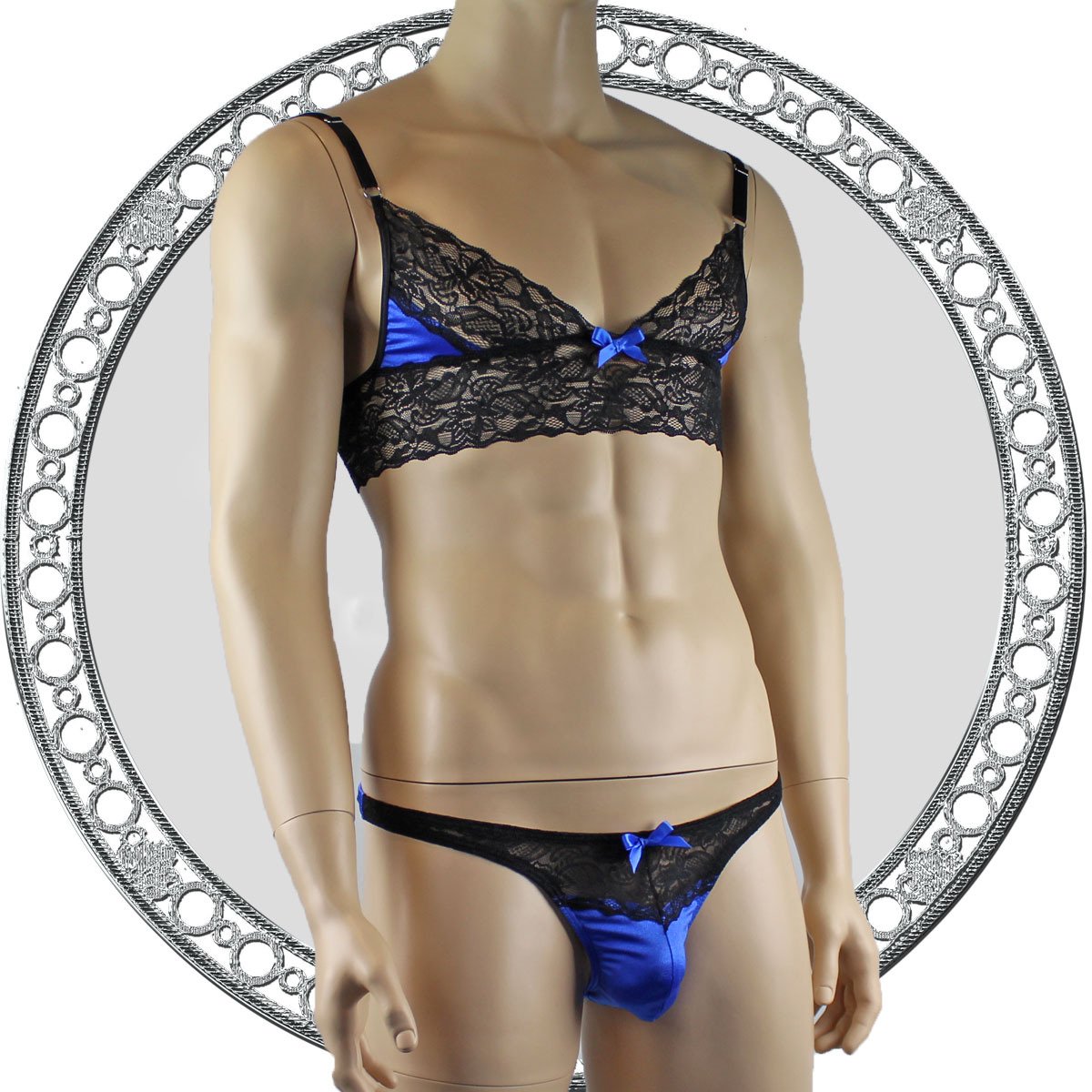 Mens Lace Bra Top Lingerie and Thong for Men Blue and Black