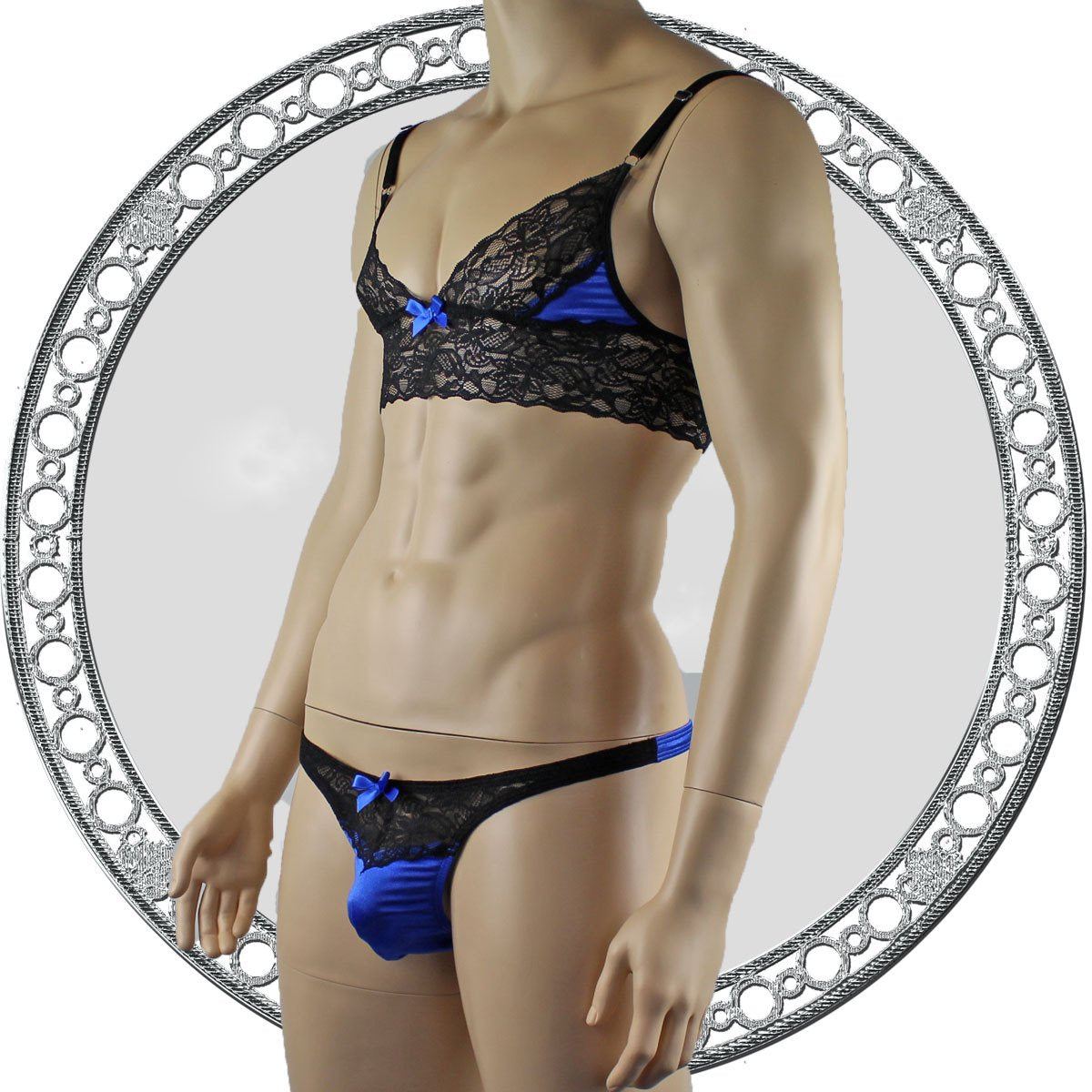 Mens Lace Bra Top Lingerie and Thong for Men Blue and Black