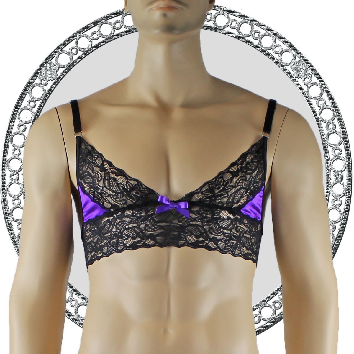 Mens Lace Bra Top Lingerie and Thong for Men Purple and Black
