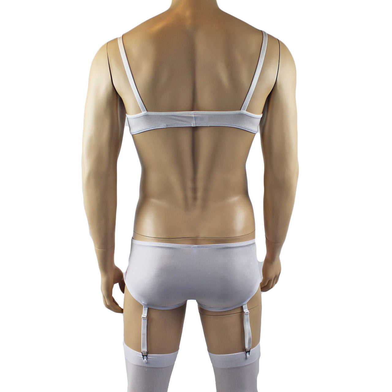 Mens Luxury Bra Top and Bikini Brief with Garters & Stockings (white plus other colours)