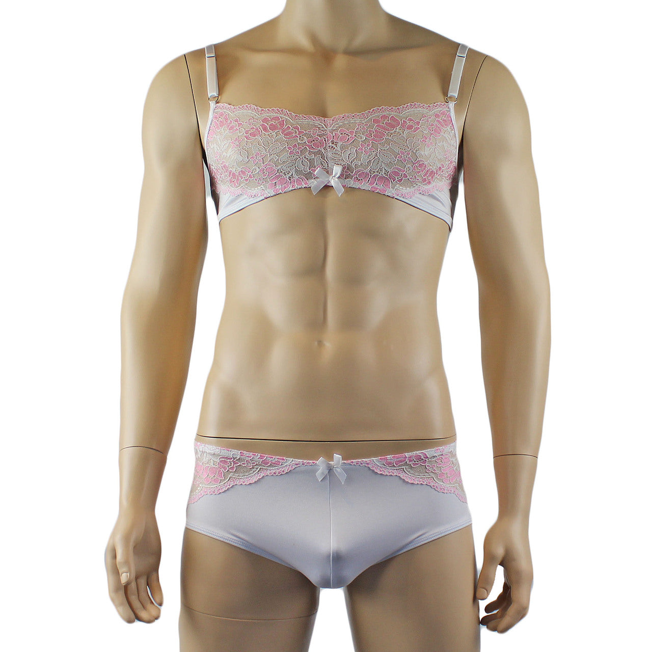 Mens Luxury Bra Top and Bikini Brief with Garters & Stockings (white plus other colours)
