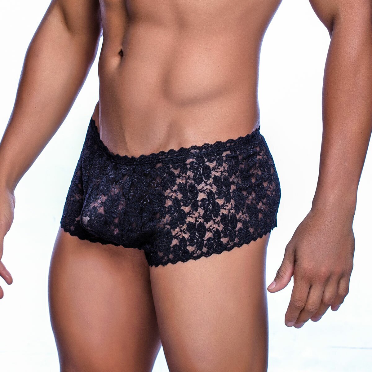 Mens Flower Lace Mini Boy Shorts Black
