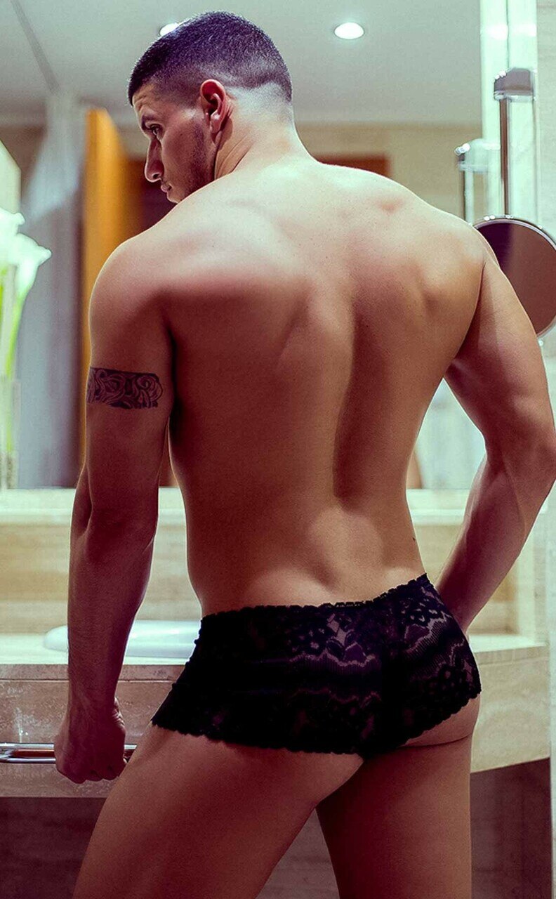 Mens Flower Lace Mini Boy Shorts Black