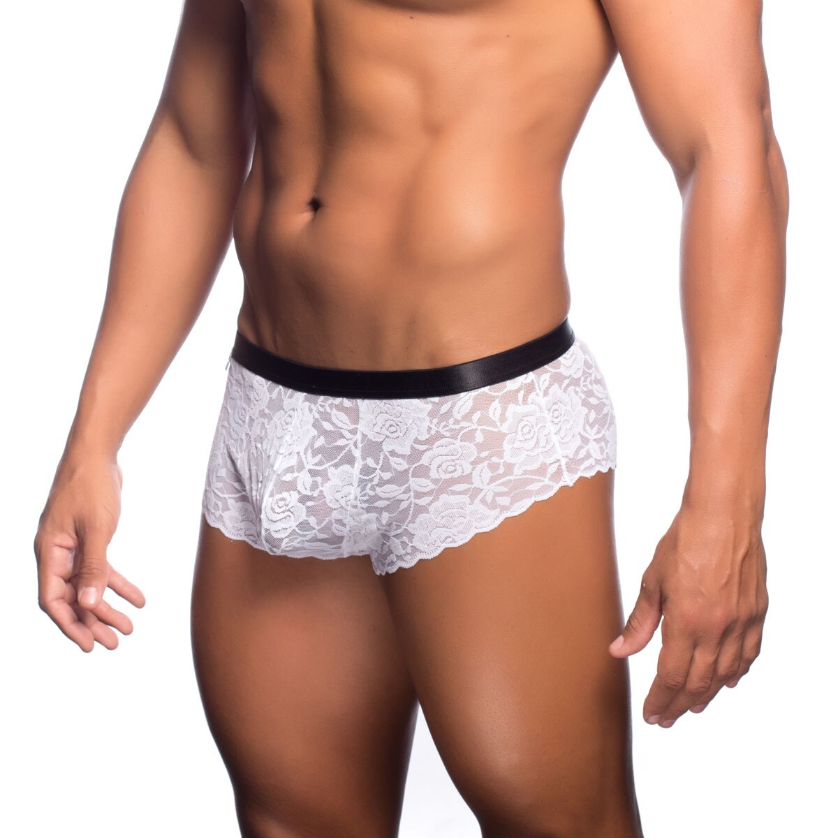 Mens Lace Cheeky Boxer Brief White