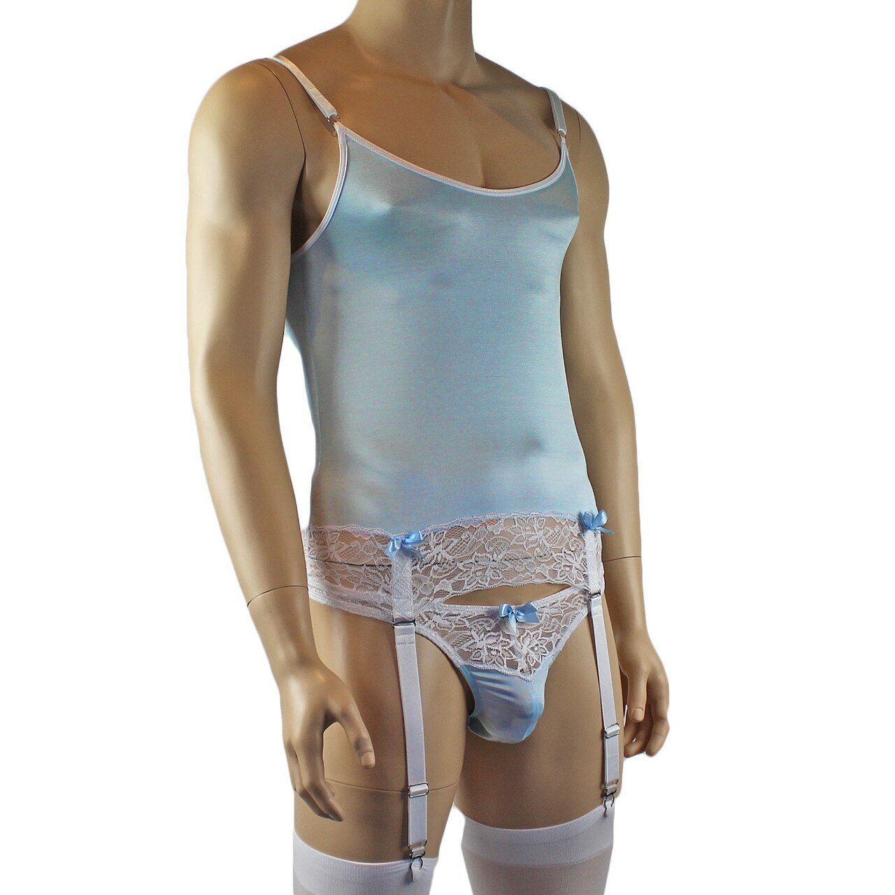 Mens Camisole Bustier Garter Top with Thong & Stockings (light blue plus other colours)