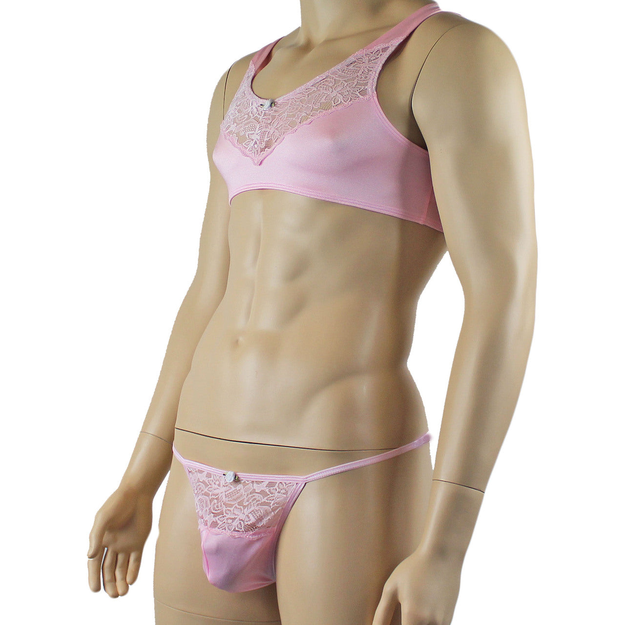 Male Lingerie Bra Top with V Lace front and Pouch G string (light pink plus other colours)