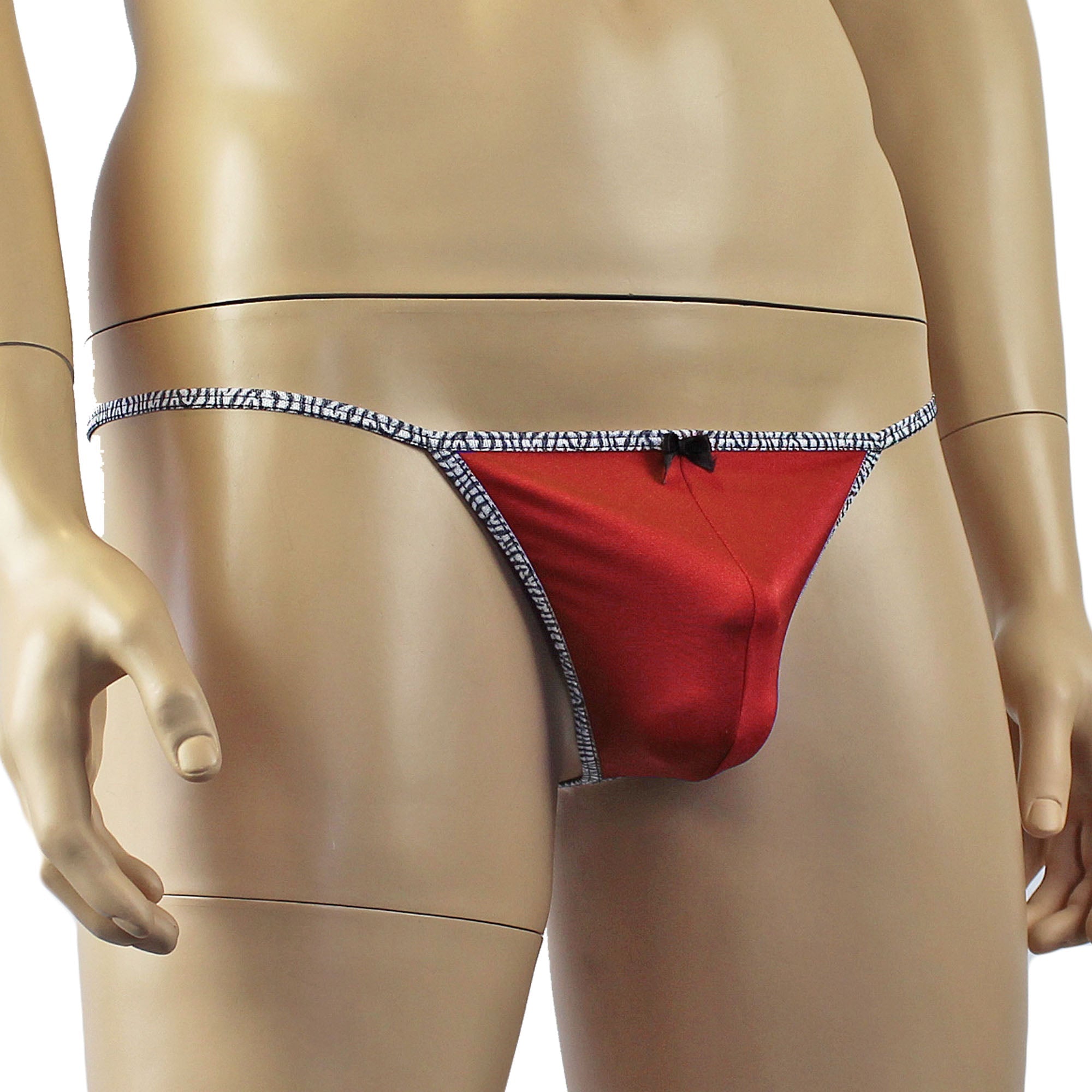 Mens Pretty Lycra G string Underwear with Zebra trim & Bow Red