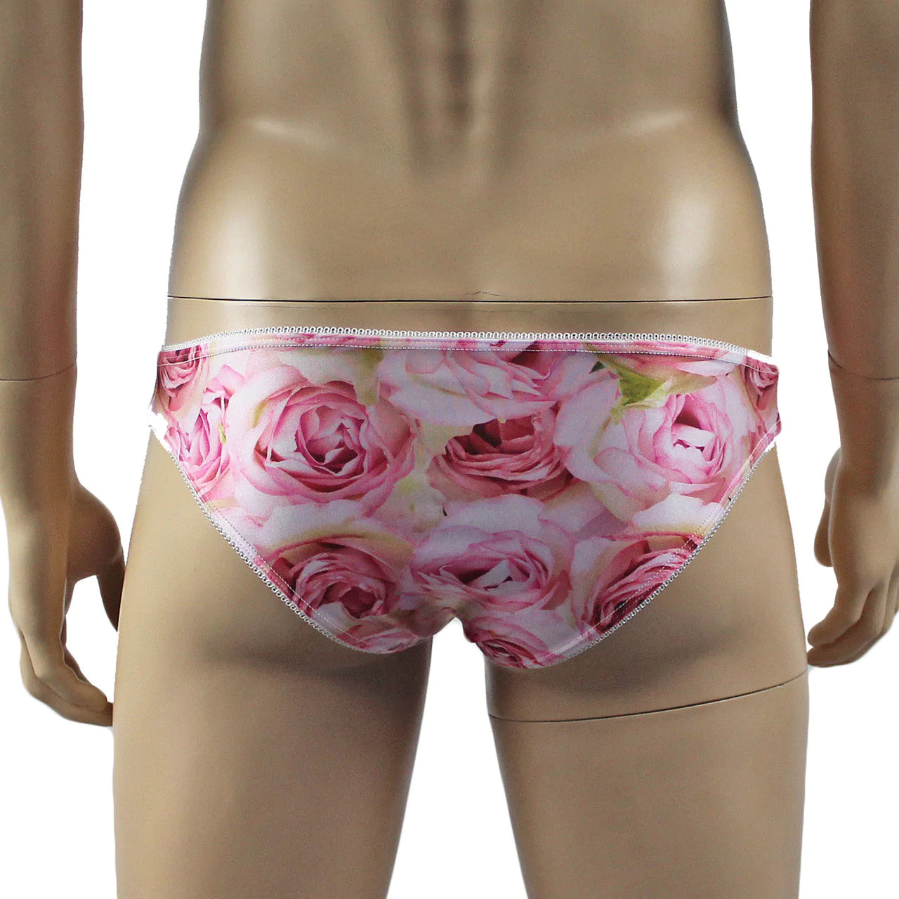 SALE - Mens Roses Stretch Spandex Panty Brief with Decorative Pico Elastic Pink
