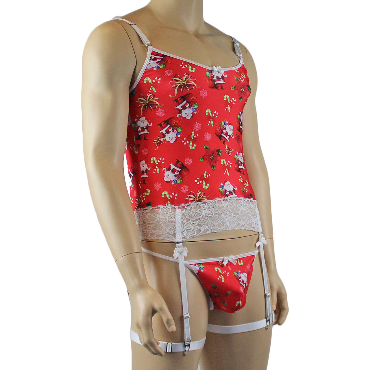 Mens Christmas Santa Camisole Corset Top & Pouch G string & Leg Bands