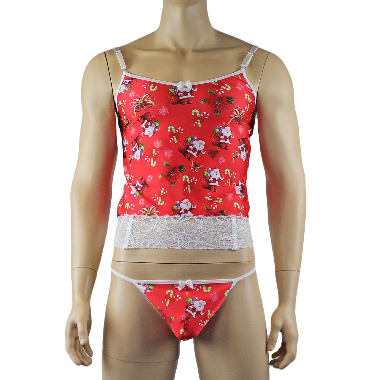 Mens Christmas Santa Camisole Corset Top & Pouch G string & Leg Bands