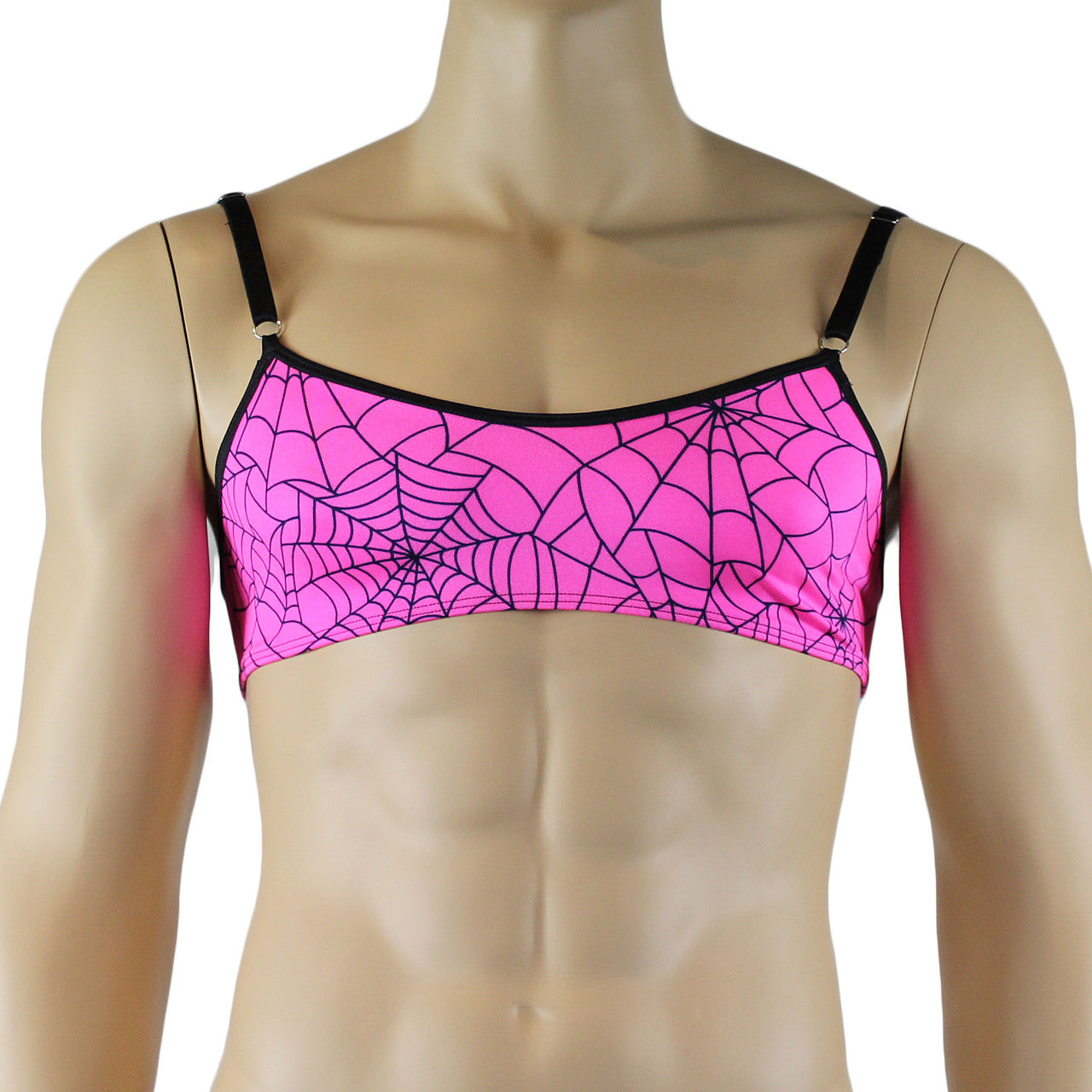 Mens Halloween Spooky Spider Web Bra Top & Thong with Band (pink & lime colours)