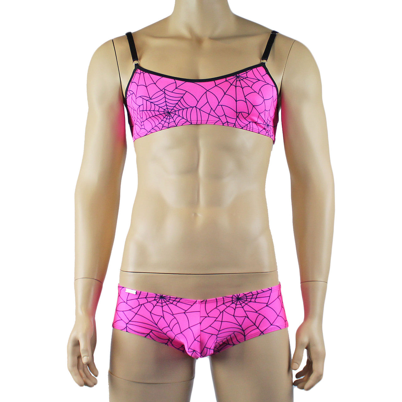Mens Halloween Spooky Spider Web Bra Top & Boxer Brief (pink & lime colours)