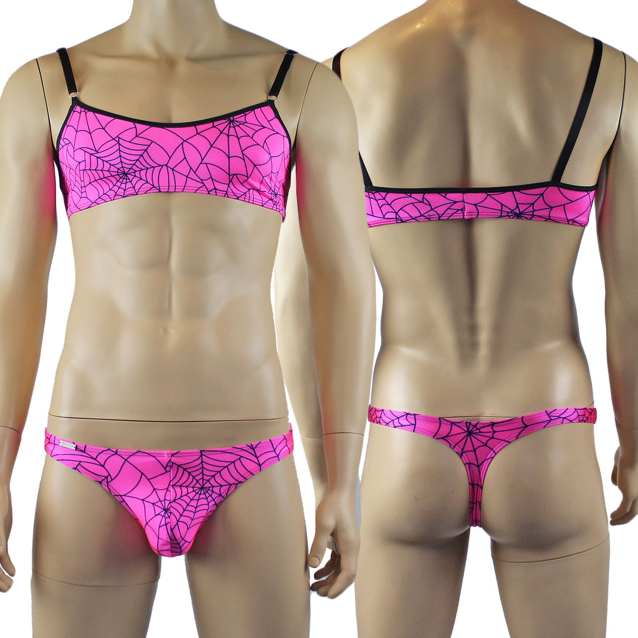 Mens Halloween Spooky Spider Web Camisole Bra Top & Mini Thong (pink & lime colours)