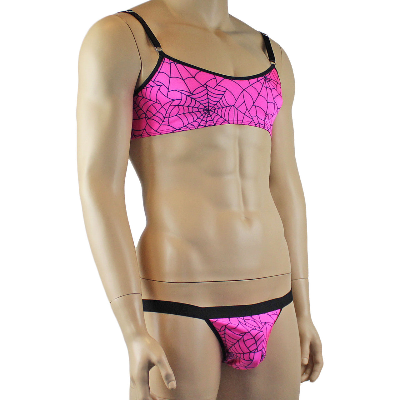 Mens Halloween Spooky Spider Web Bra Top & Thong with Band (pink & lime colours)