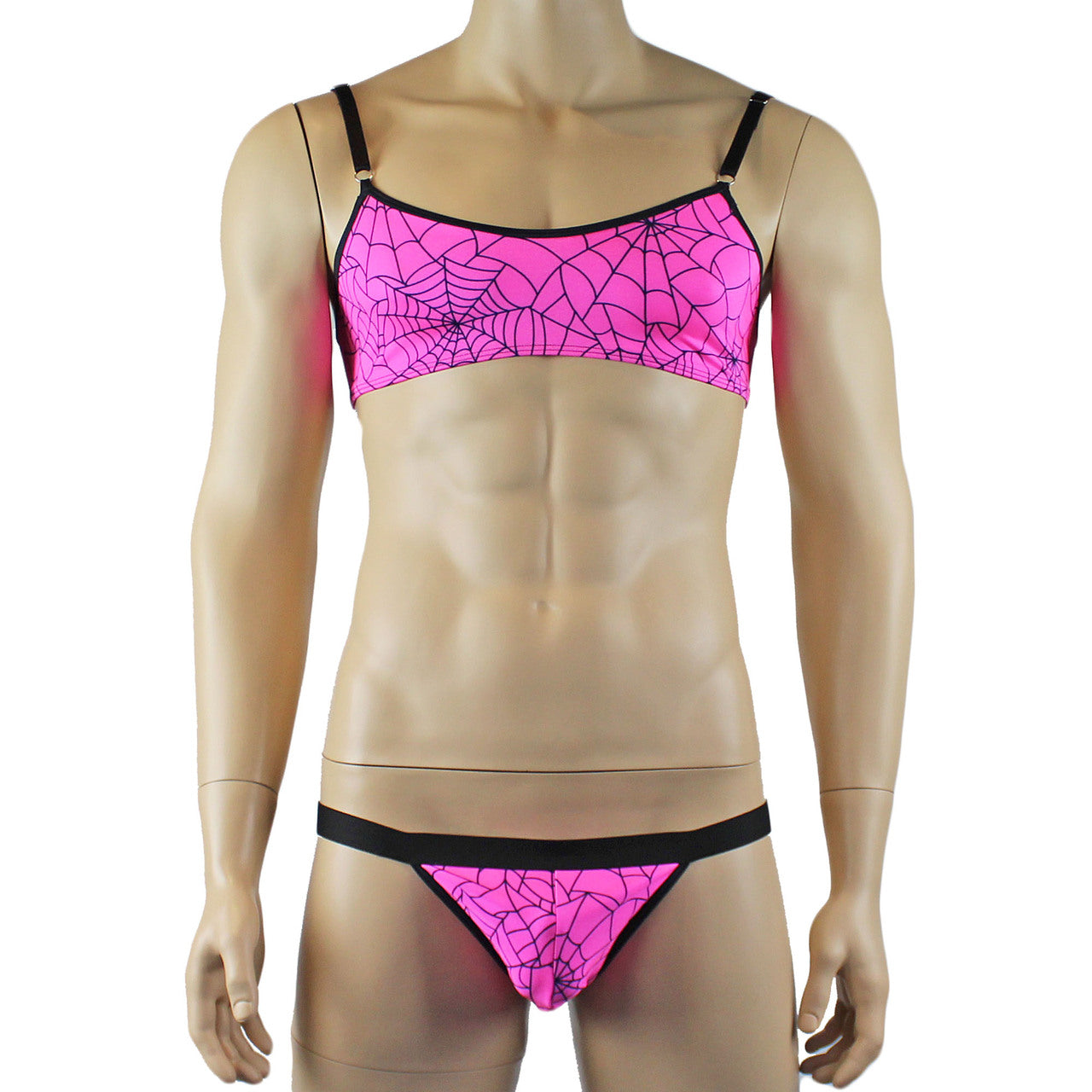 Mens Halloween Spooky Spider Web Bra Top & Thong with Band (pink & lime colours)