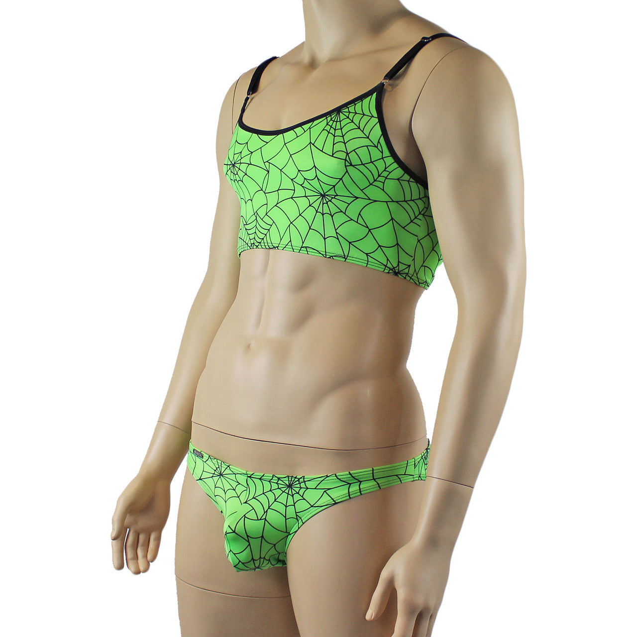 Mens Halloween Spooky Spider Web Camisole Bra Top & Bikini Brief (lime & pink colours)