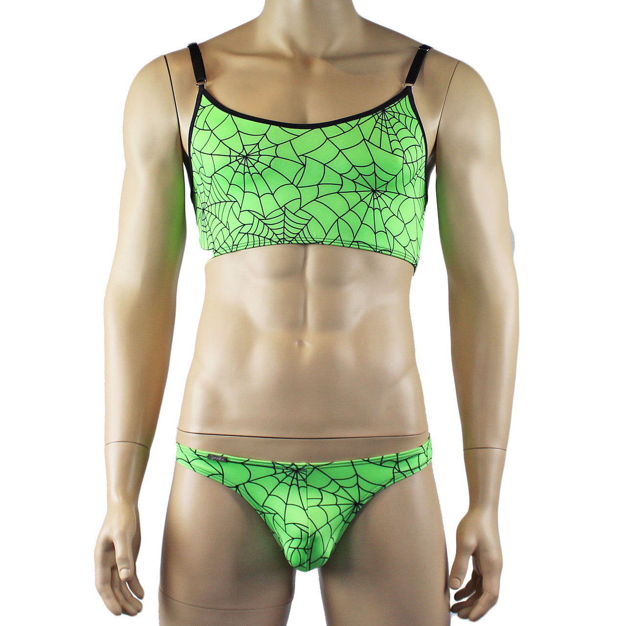 Mens Halloween Spooky Spider Web Camisole Bra Top & Thong (lime & pink colours)