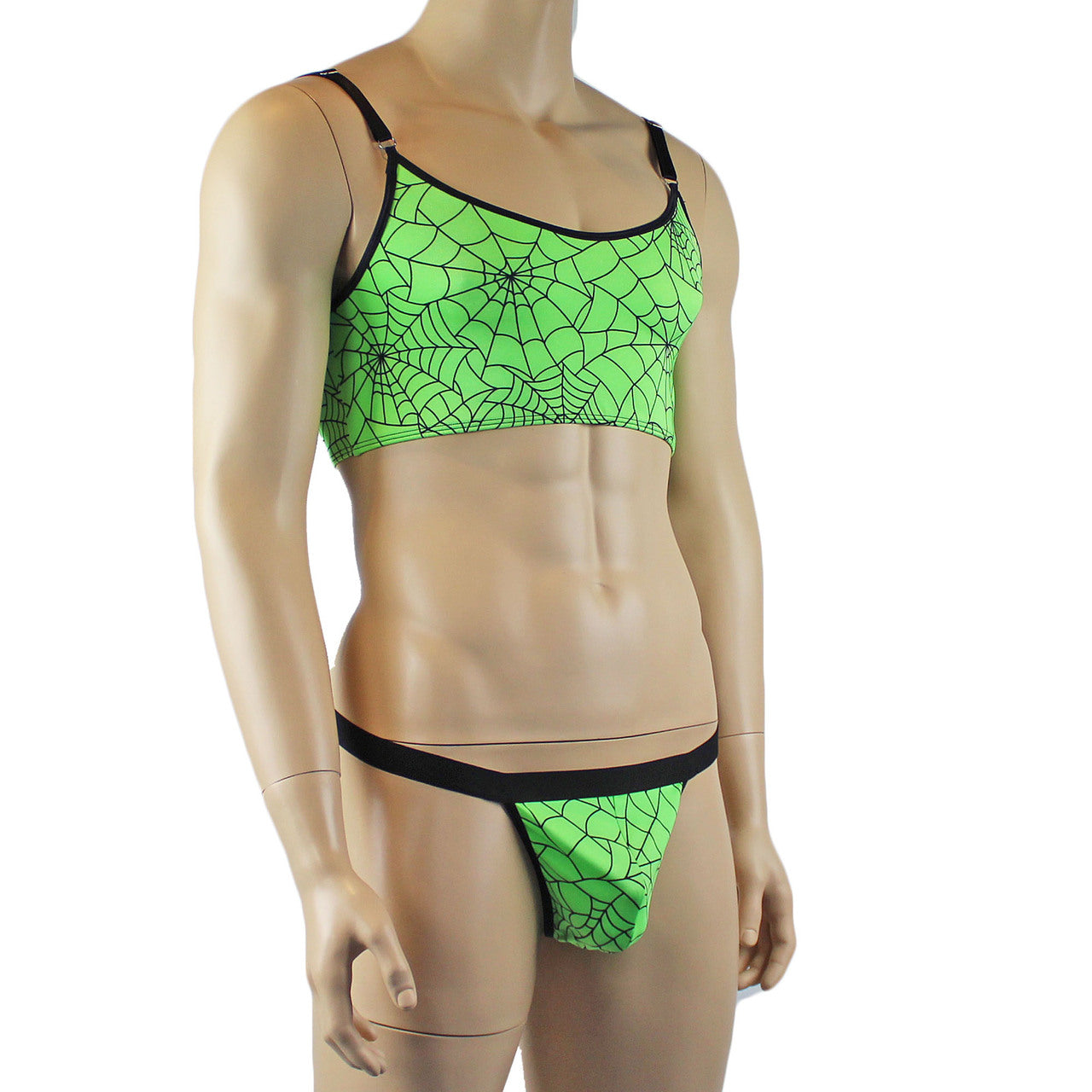 Mens Halloween Spooky Spider Web Camisole Bra Top & Thong with Band (lime & pink colours)