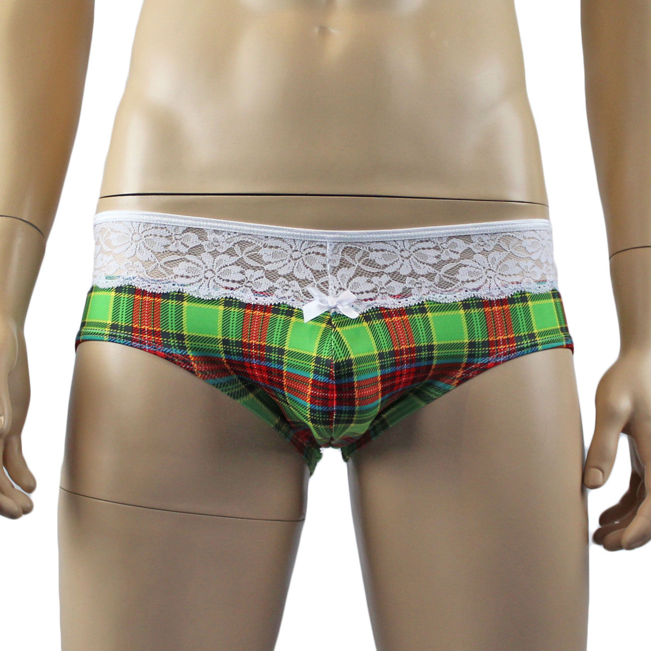 Mens Plaid Tartan Camisole Top & Bikini Brief Green and Red