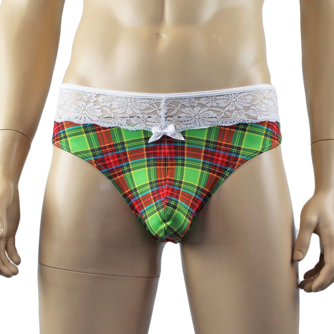 Mens Plaid Tartan Bra Top & High Waist Thong Green and Red