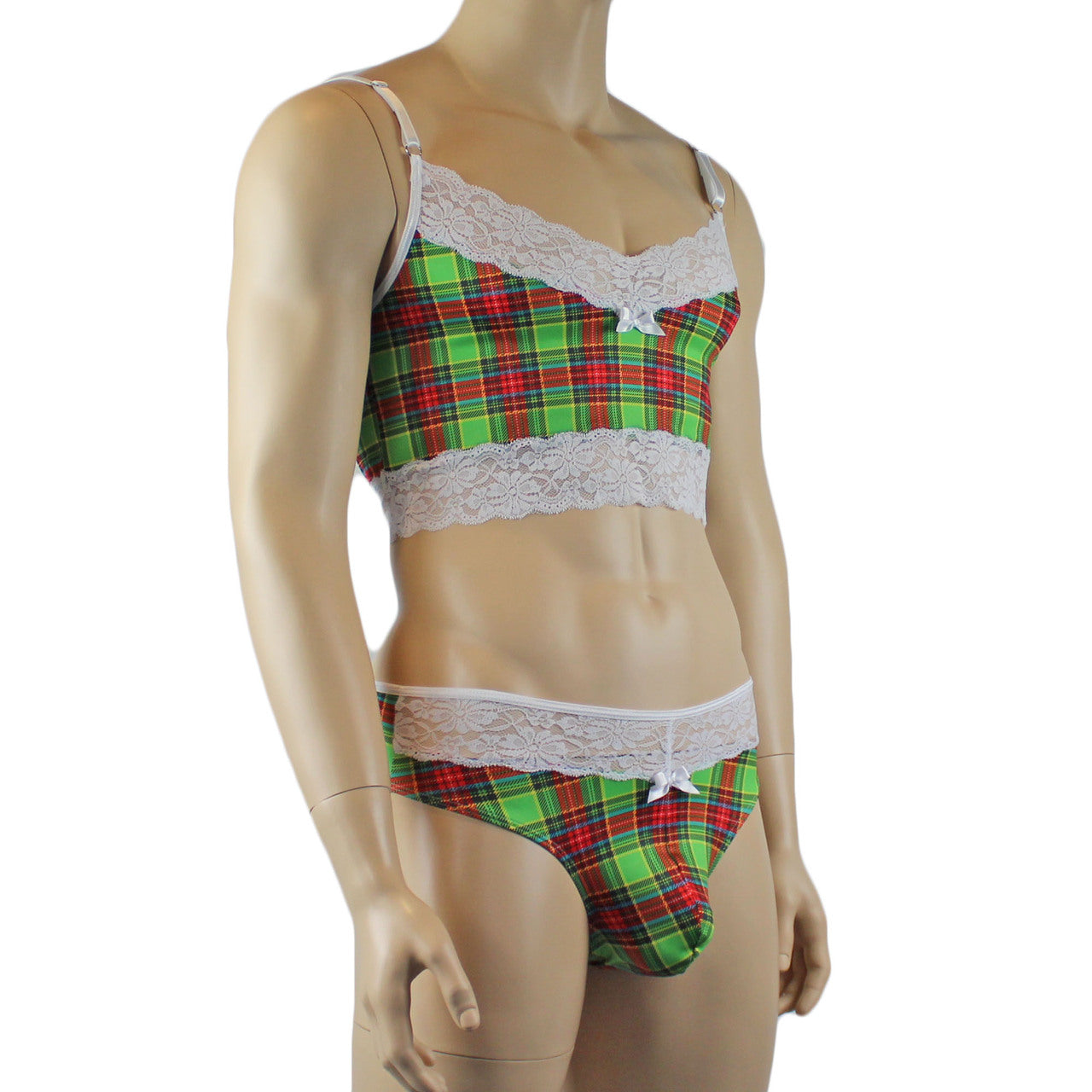 Mens Plaid Tartan Camisole Top & High Waist Thong Green and Red