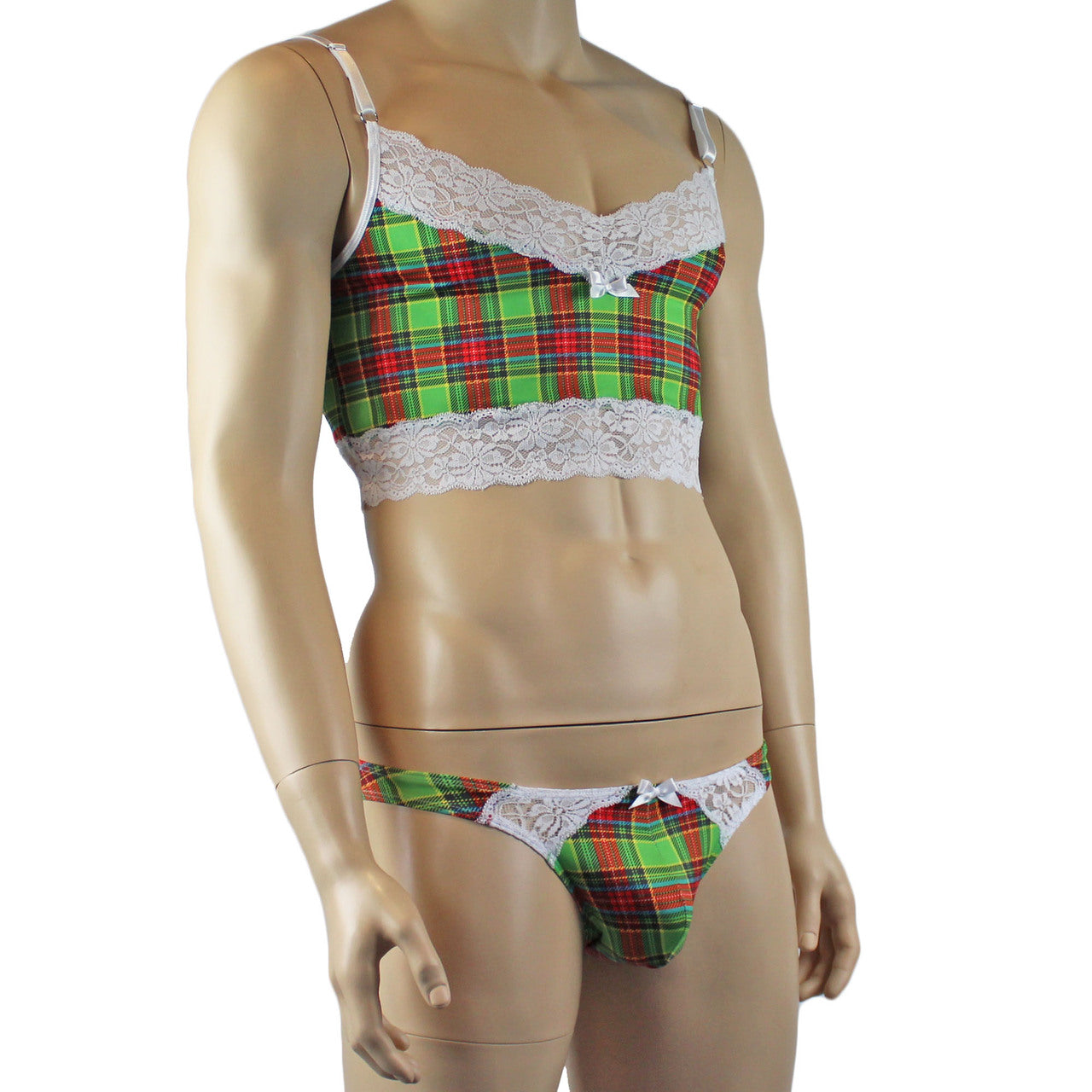 Mens Plaid Tartan Camisole Top & Low Rise Bikini Brief Green and Red