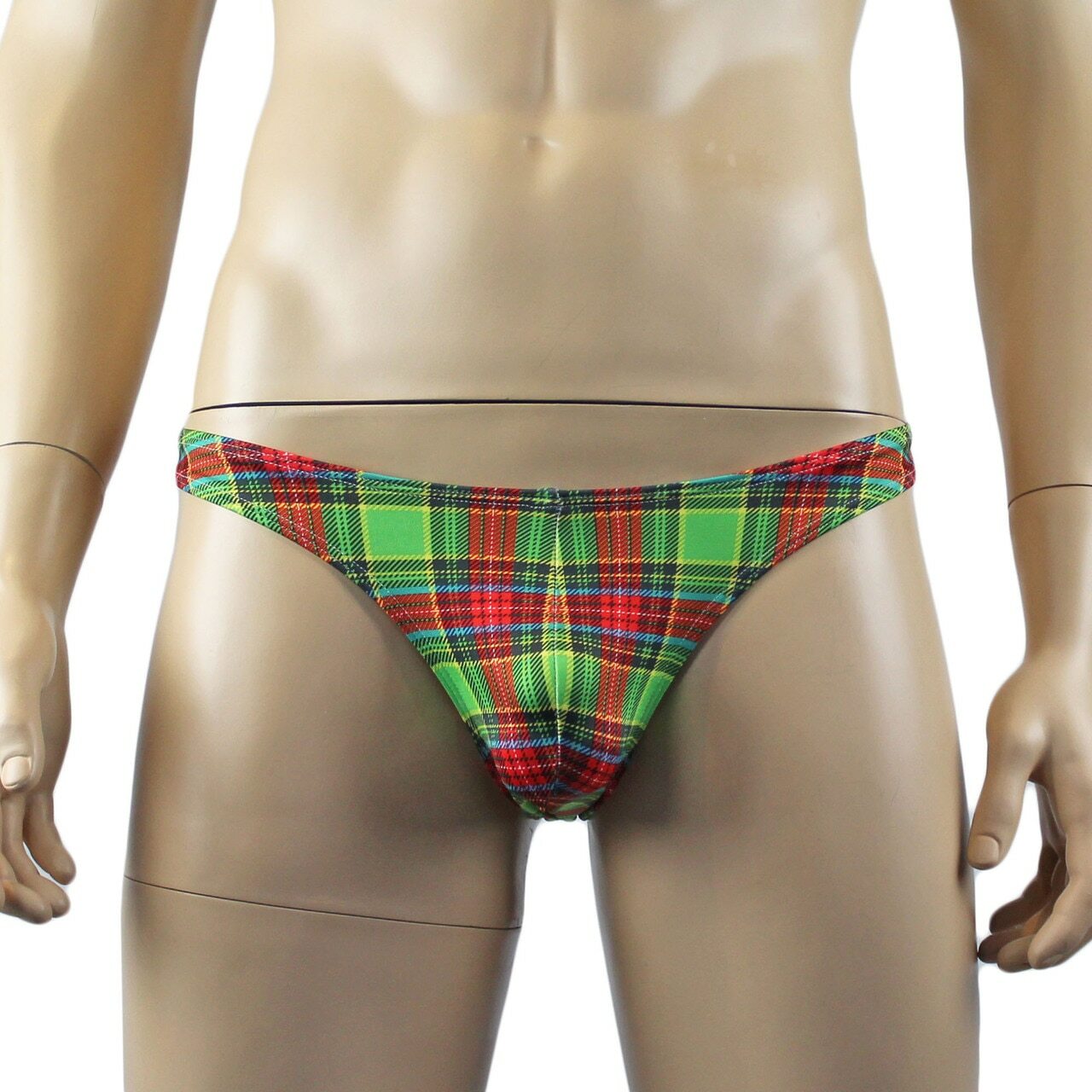 Mens Plaid Tartan Sexy Mini Thong & White Sexy Garterbelt Set Green and Red