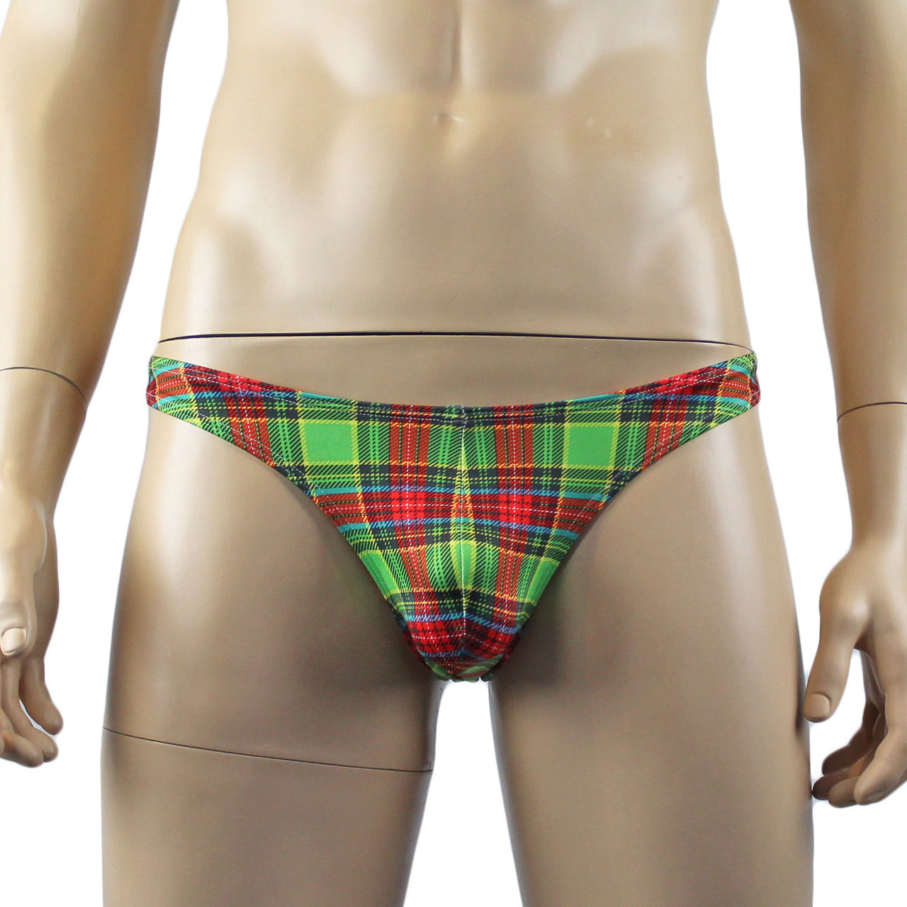 Mens Plaid Tartan Bra Top & Low Waist Thong Green and Red